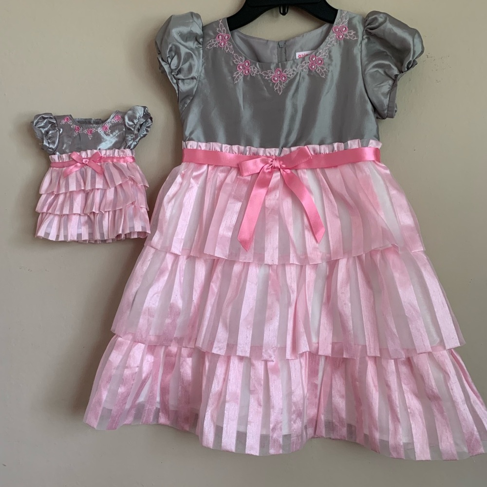 Gray & Pink Tiered Satin Flower-Appliqué Girls' Formal Dress Pre- Mattel America